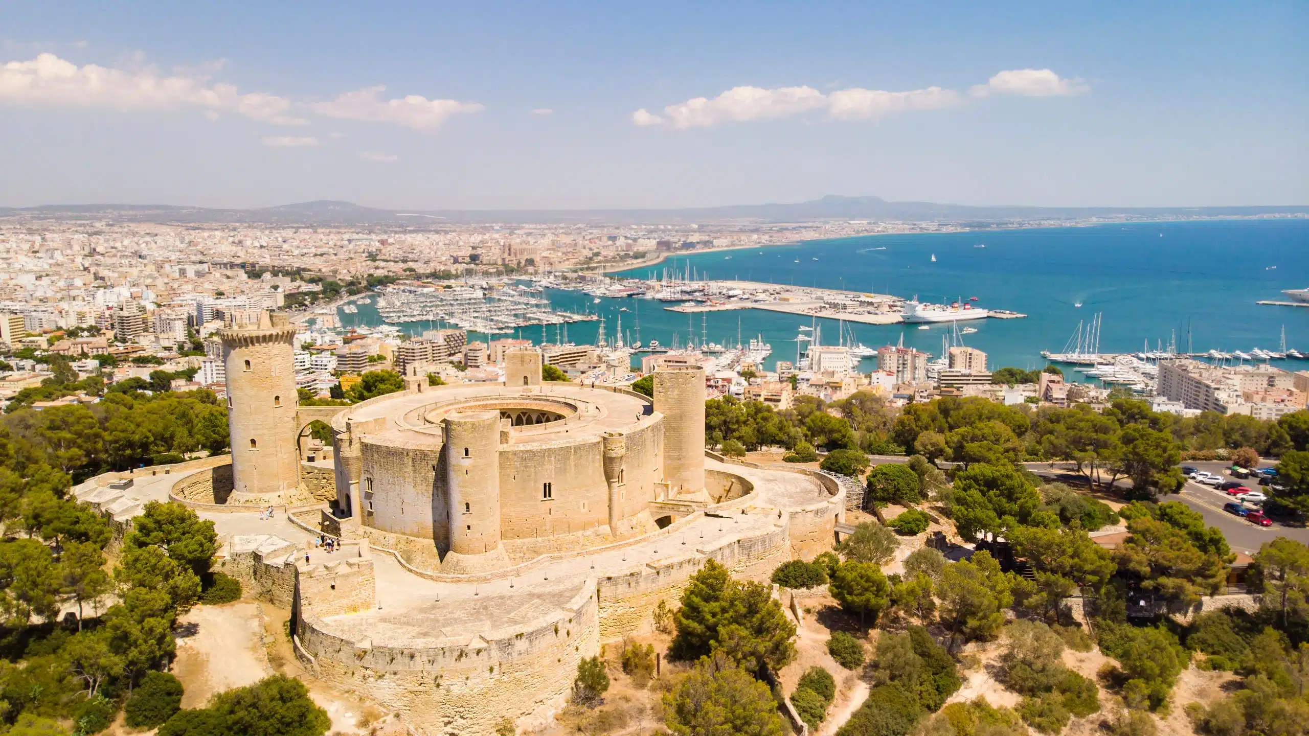 Palma,Cityscape.,Bellver,Castle,On,Foreground.,Mallorca,,Balearic,Islands,,Spain